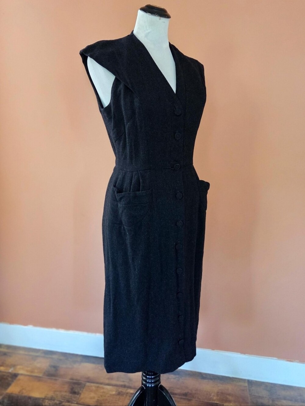 Vintage 1950s Black Wool Button Down Dress with Hip Pockets
